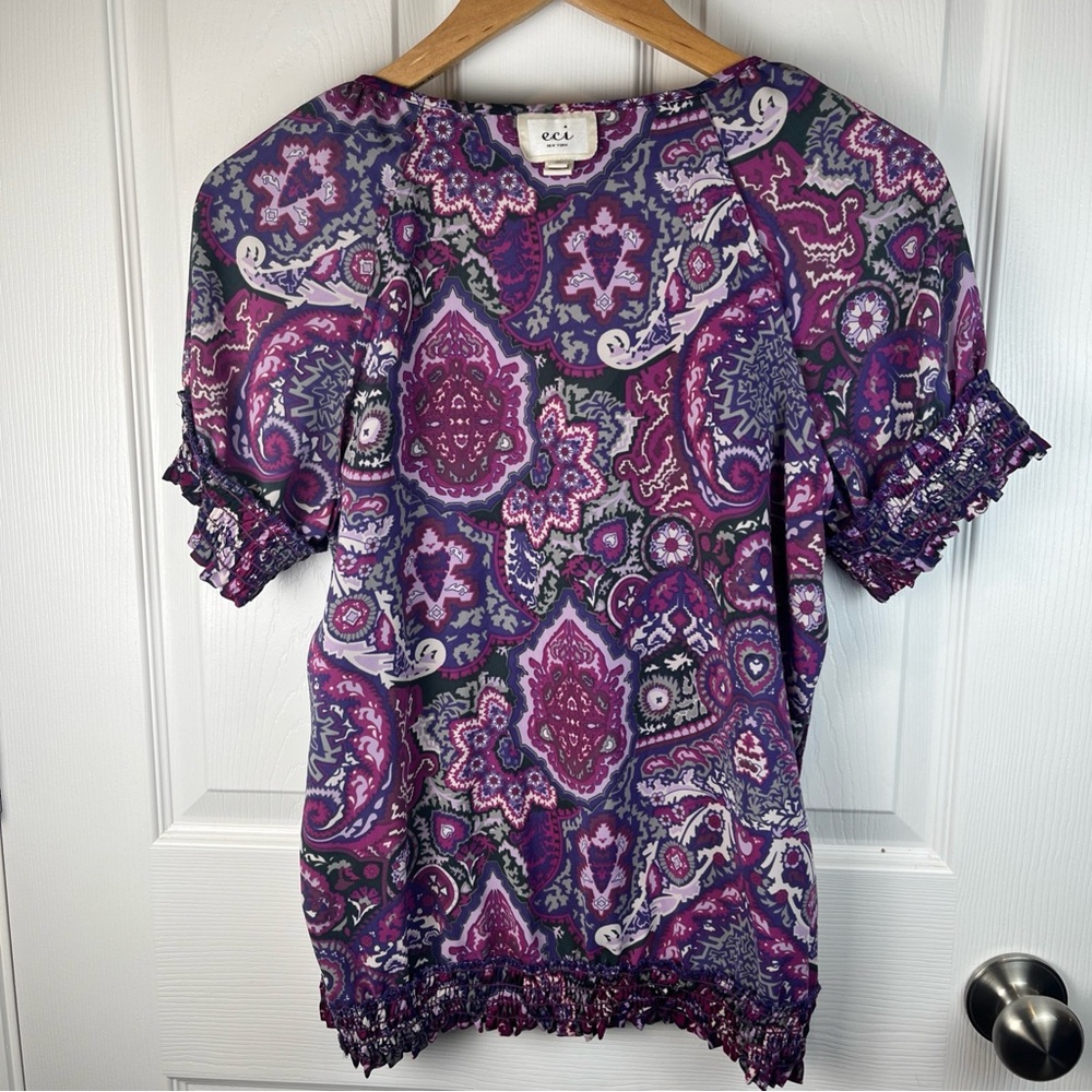 eci New York Multi Purple & Gray Blouse Elastic Waist Hem Ruffles Women’s Size 8 - Picture 11 of 14